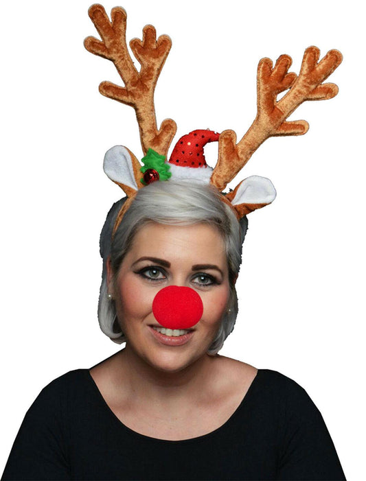 Deluxe Velvet Reindeer Antlers W/Ears Sponge Clown Nose Xmas Fancy Dress - Labreeze