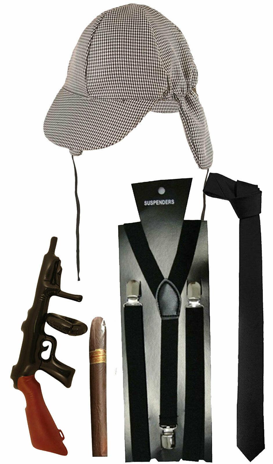 Detective Hat Black Tie Braces Cigar Tommy Gun 1920’s Sherlock Fancy Dress Set - Labreeze
