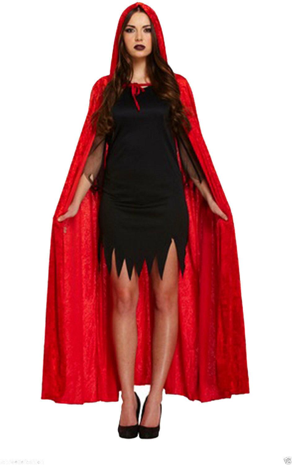 Devil Velvet Cape Black Red W/hood Costume Fancy Dress Party - Labreeze