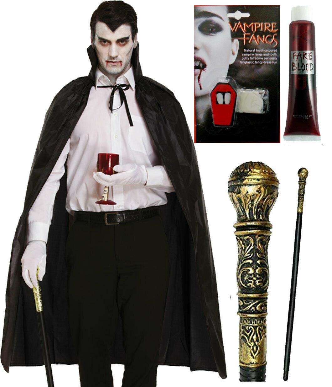 Dracula Vampire Fangs Cape Fake Blood Cane Stick Halloween Party Set - Labreeze