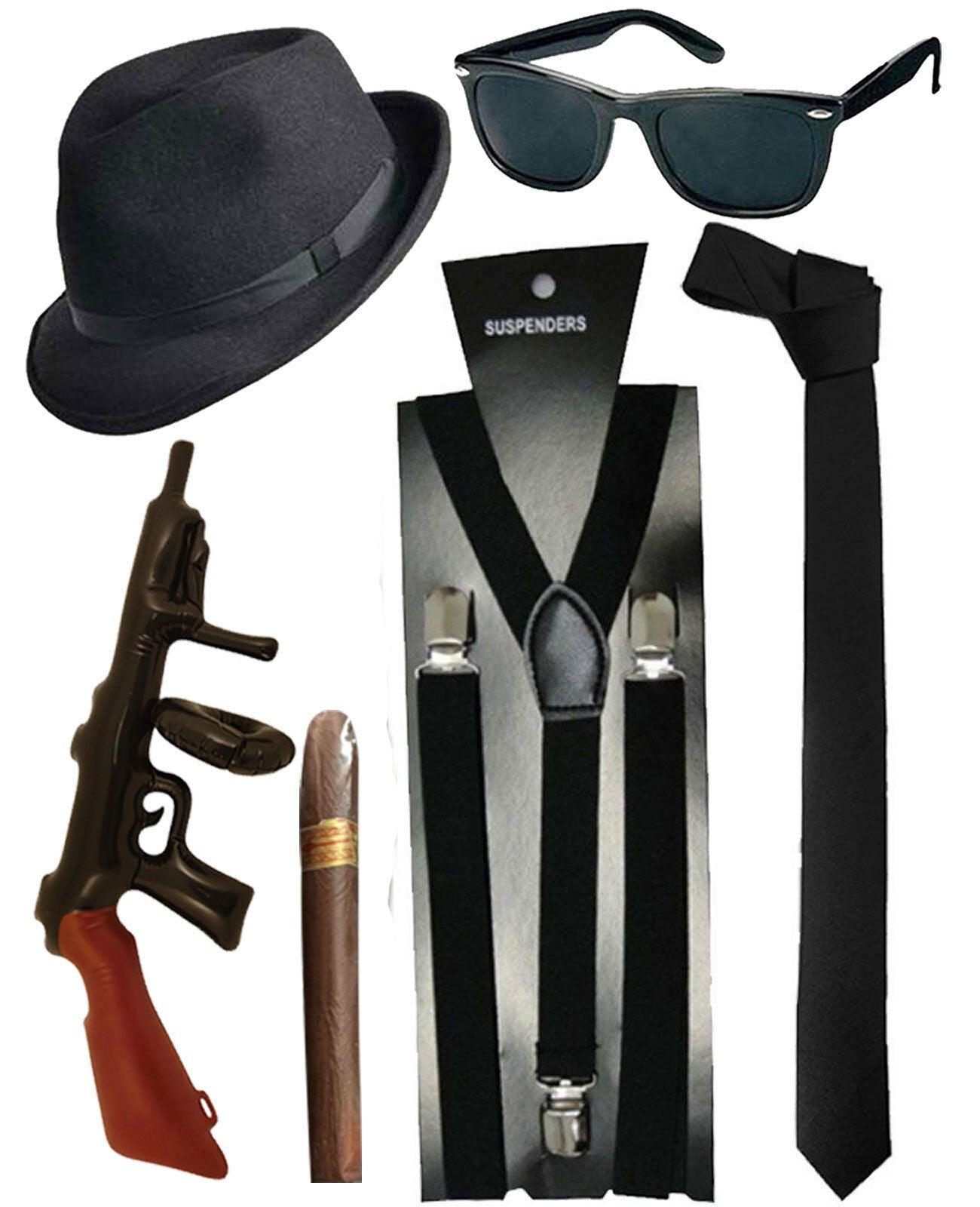 Fancy Gangster Set Blues Brother Hat Glasses Black Tie Braces Cigar Tommy gun - Labreeze