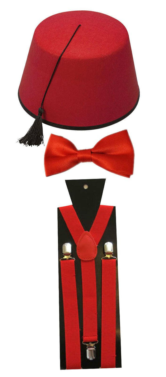 Fez Hat Red Plain Bow Tie Braces Moroccan Turkish Fancy Outfit Set - Labreeze
