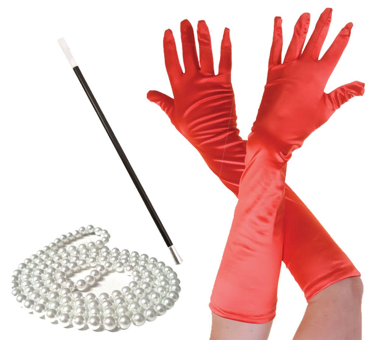 Flapper Pearl Beads Necklace Cigarette Holder Long Red Satin Gloves Set - Labreeze