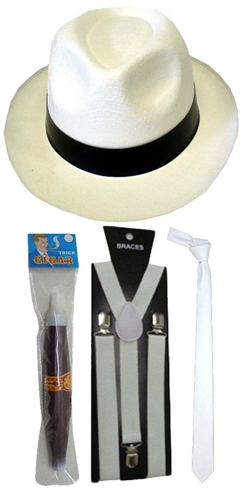 GANGSTER BRACES TIE HAT & CIGAR 1920s COSTUME ROARING 20s PIMP FANCY DRESS - Labreeze