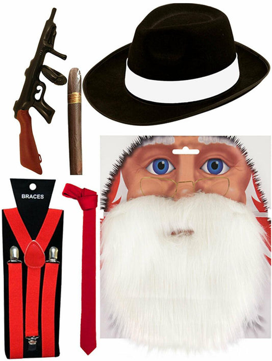 Gangster Santa Beard Hat Cigar Tommy Gun Red Braces Tie Christmas Fancy Dress - Labreeze