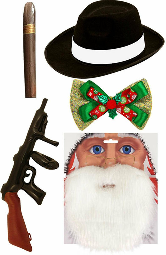 Gangster Santa Hat Beard Gold Bow Tie Tommy Gun Cigar Christmas Fancy Dress - Labreeze