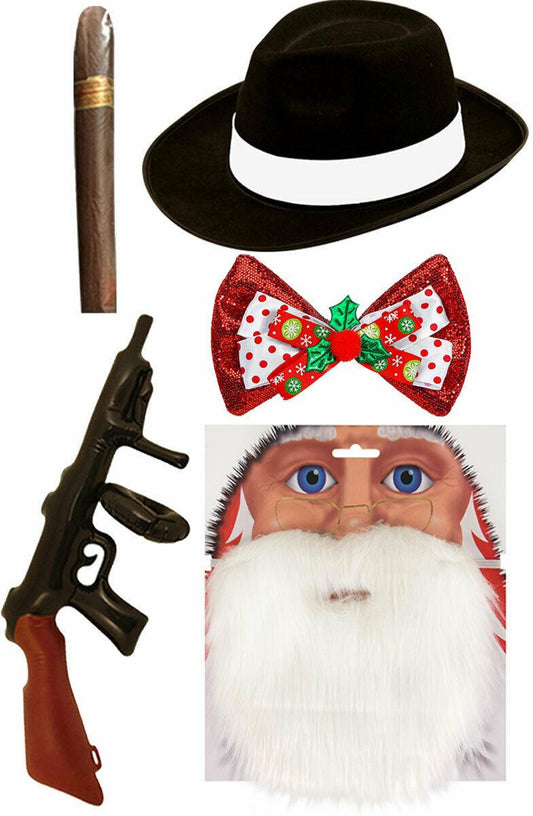 Gangster Santa Hat Beard Red Bow Tommy Gun Cigar Christmas Xmas Fancy Dress - Labreeze