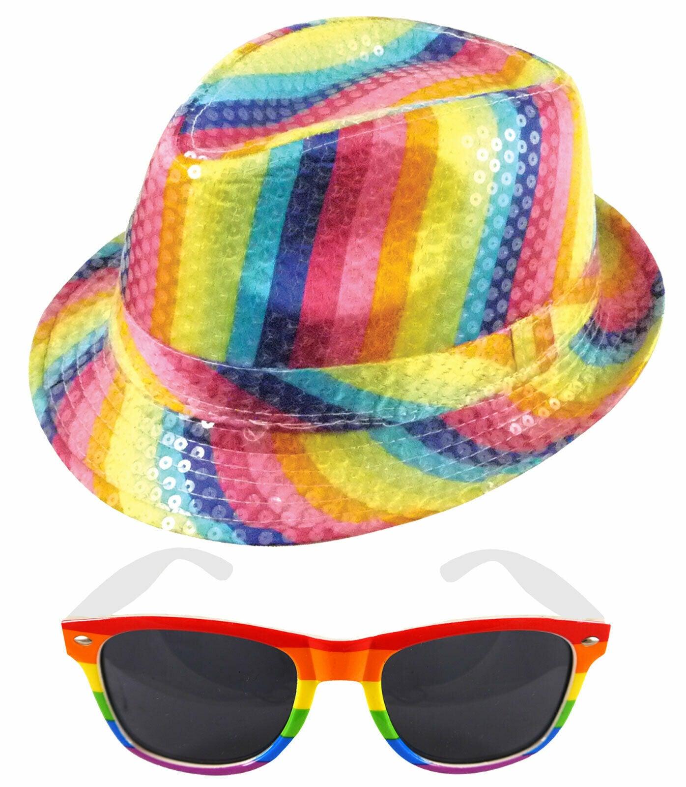 Gay Pride Rainbow Sequin Fedora Trilby Hat Dark Lens Sunglasses Fancy Dress Set - Labreeze