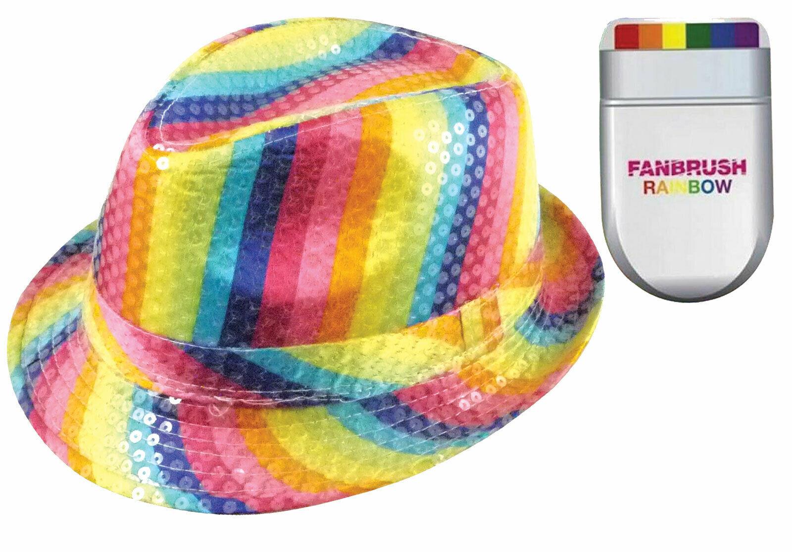 Gay Pride Rainbow Sequin Fedora Trilby Hat Fan Brush Face & Body Paint Set - Labreeze