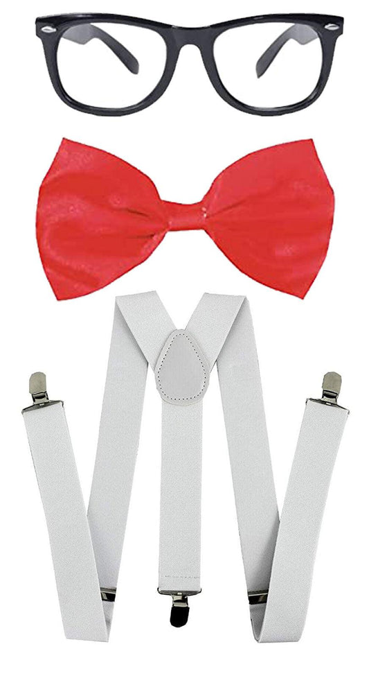 Geek Nerd Costume Red Bow Tie White Braces Geek Glasses Retro Style Hen Stag Night Cosplay Party Set - Labreeze