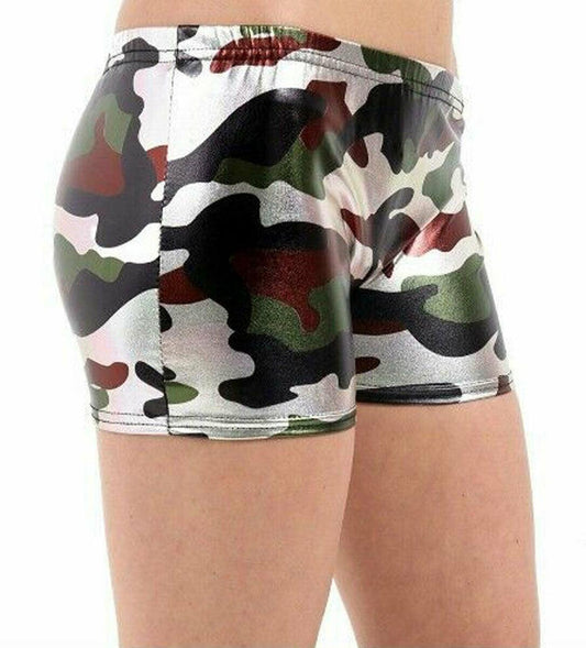 Girls Kids Camouflage Shiny Wet Look Hot Pants Metallic Disco Party Short - Labreeze