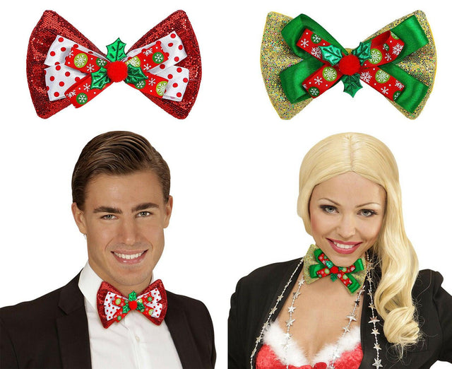 Glitter Christmas Elasticated Bow Tie Ribbon 3D Holly Xmas Party Fancy Dress