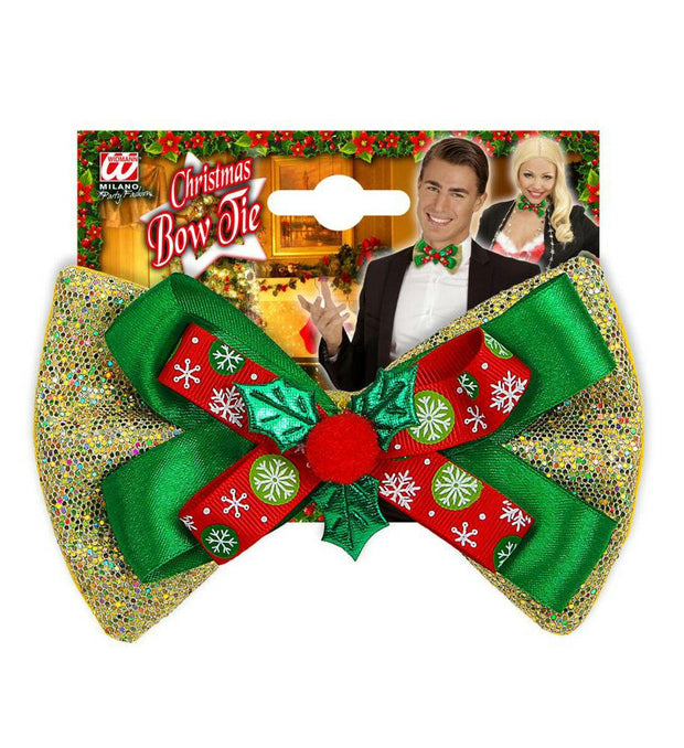 Glitter Christmas Elasticated Bow Tie Ribbon 3D Holly Xmas Party Fancy Dress - Labreeze