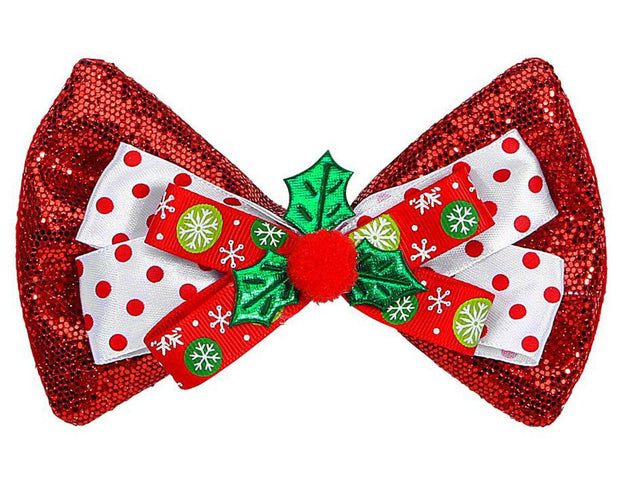 Glitter Christmas Elasticated Bow Tie Ribbon 3D Holly Xmas Party Fancy Dress - Labreeze