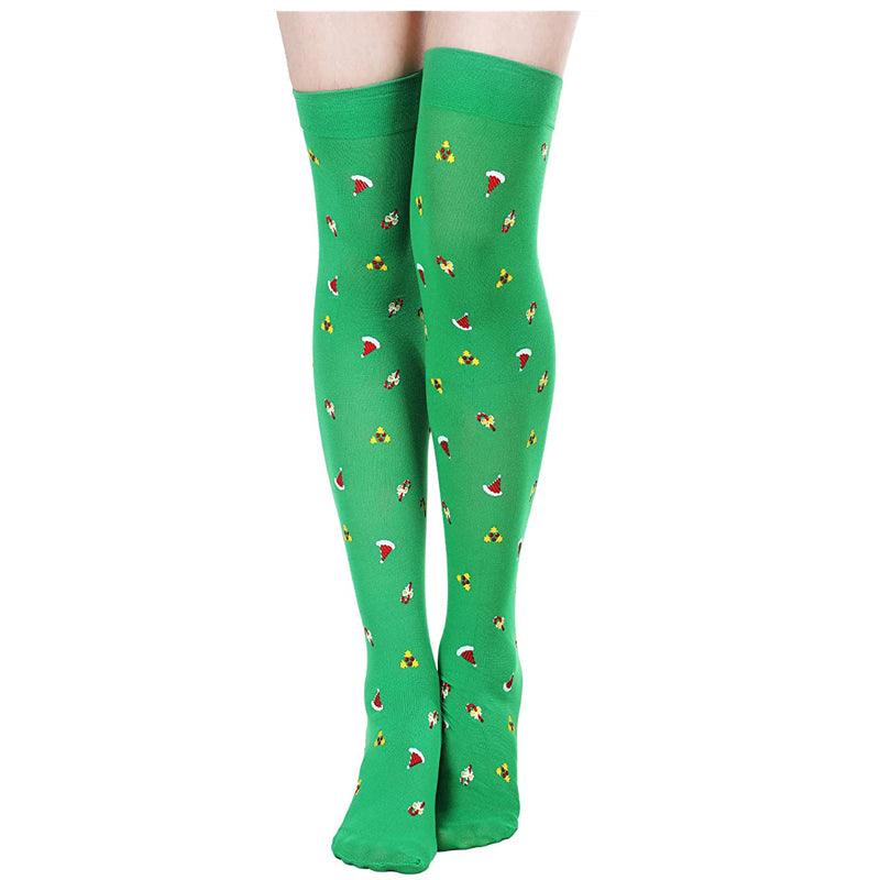 Green Christmas Printed OTK Socks Adults Xmas Party Fancy Dress Hold Up - Labreeze