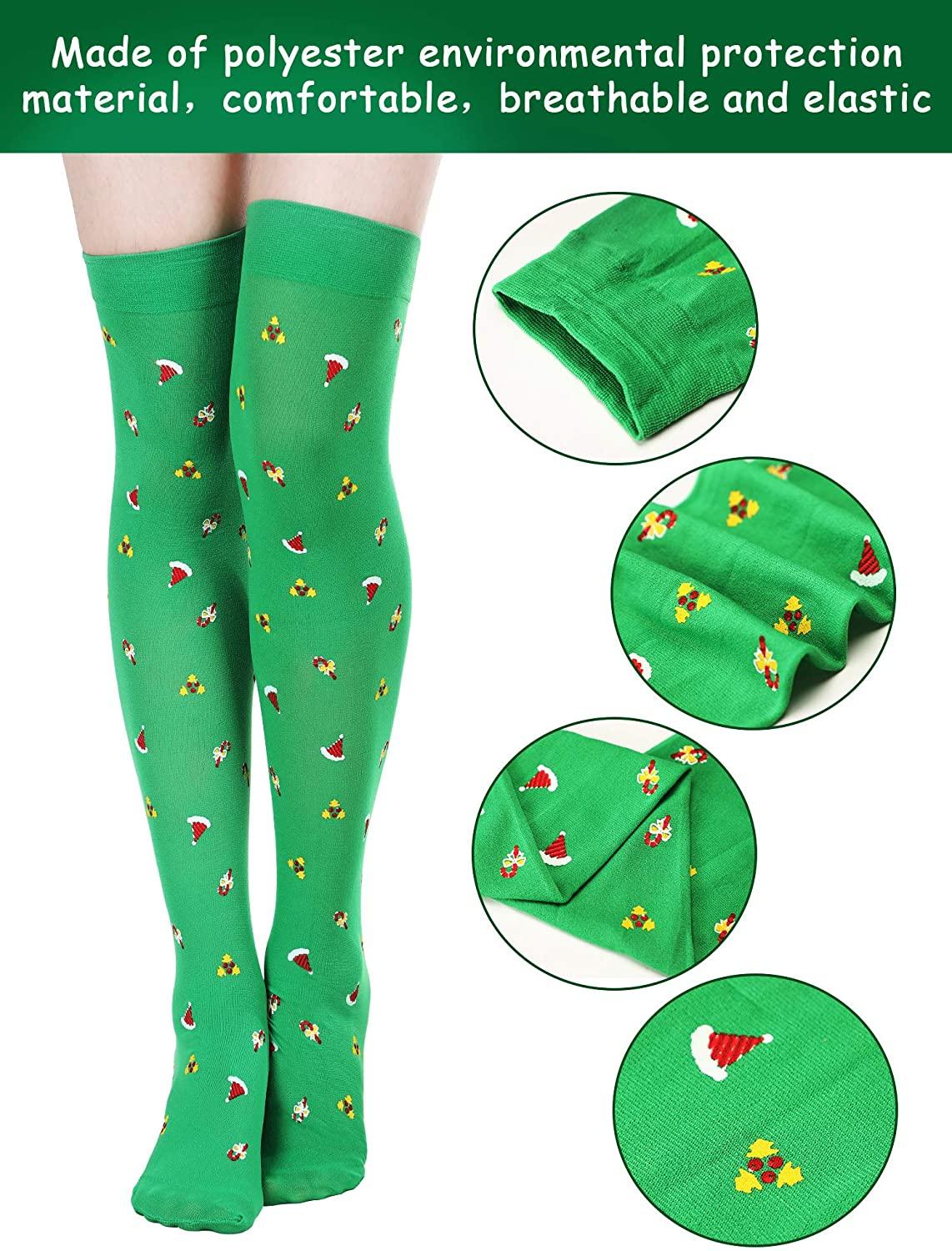 Green Christmas Printed OTK Socks Adults Xmas Party Fancy Dress Hold Up - Labreeze