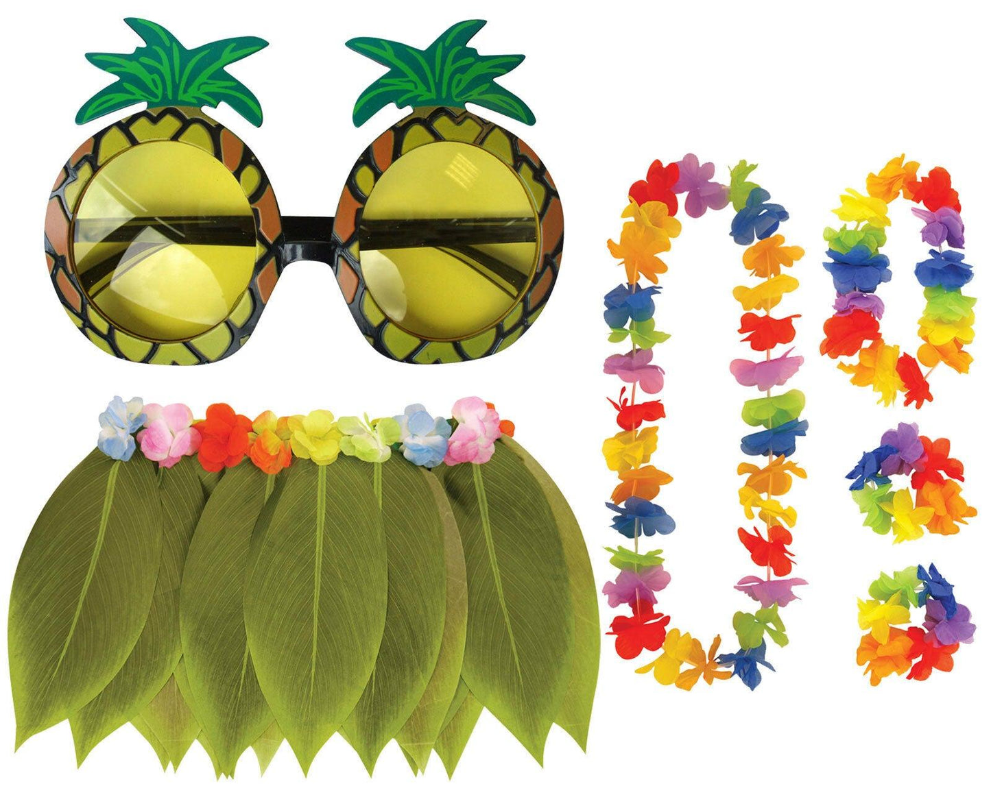 Green Hula Leaf Skirt 4 Pc Lei Set Pineapple Glasses Hawaiian Beach Party Fancy - Labreeze