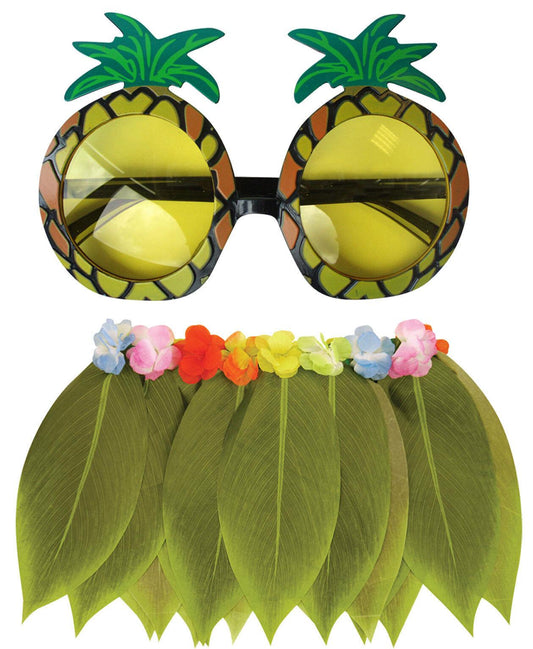 Green Hula Leaf Skirt Pineapple Sunglasses Hawaiian Beach Party Fancy Dress - Labreeze