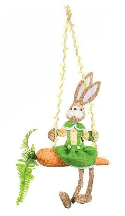 Green Winging Rabbit on Carrot Bunny Twig Basket St Patrick’s Hanging Decoration - Labreeze