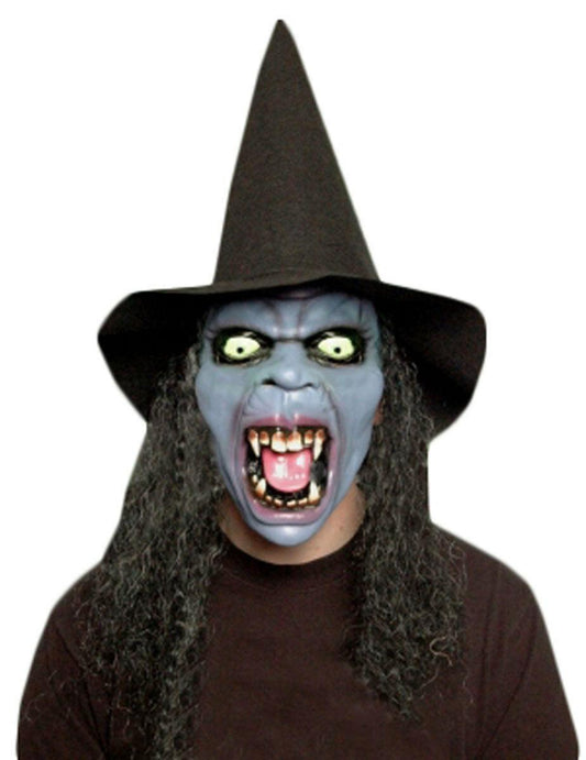 Halloween Latex Mask Witch with Hat Wig Spooky Scary Full Tusks Masquerade Party - Labreeze