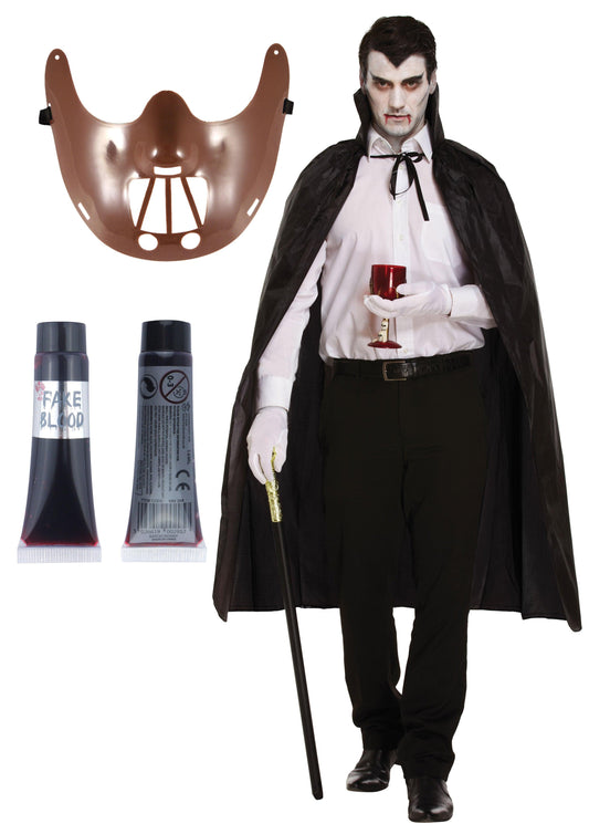 Hannibal Mask Halloween Black Cape Gold Cane Stick Fake Blood Spooky Scary Fancy Dress - Labreeze