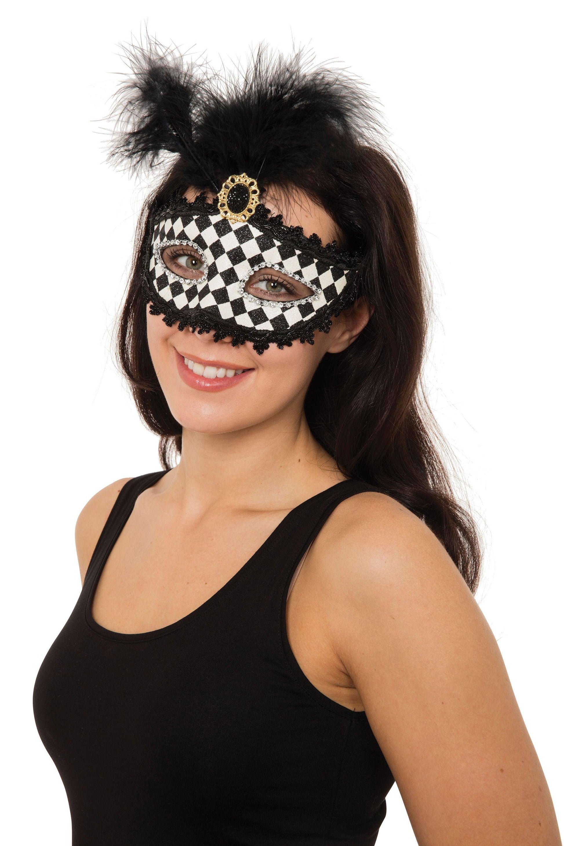 Harlequin Black &amp; White Mask with Tall Feather - Labreeze
