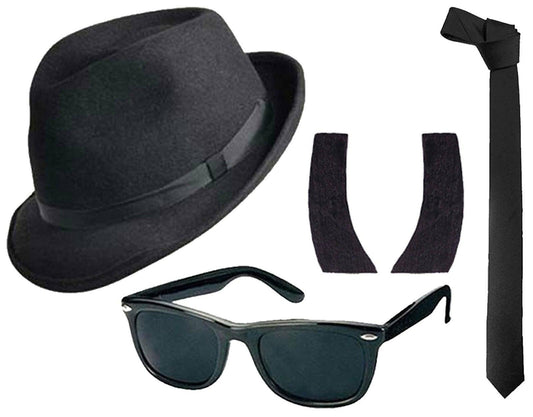 Hat Glasses Plain Tie Sideburns Blue Brothers Fancy Outfit Set - Labreeze