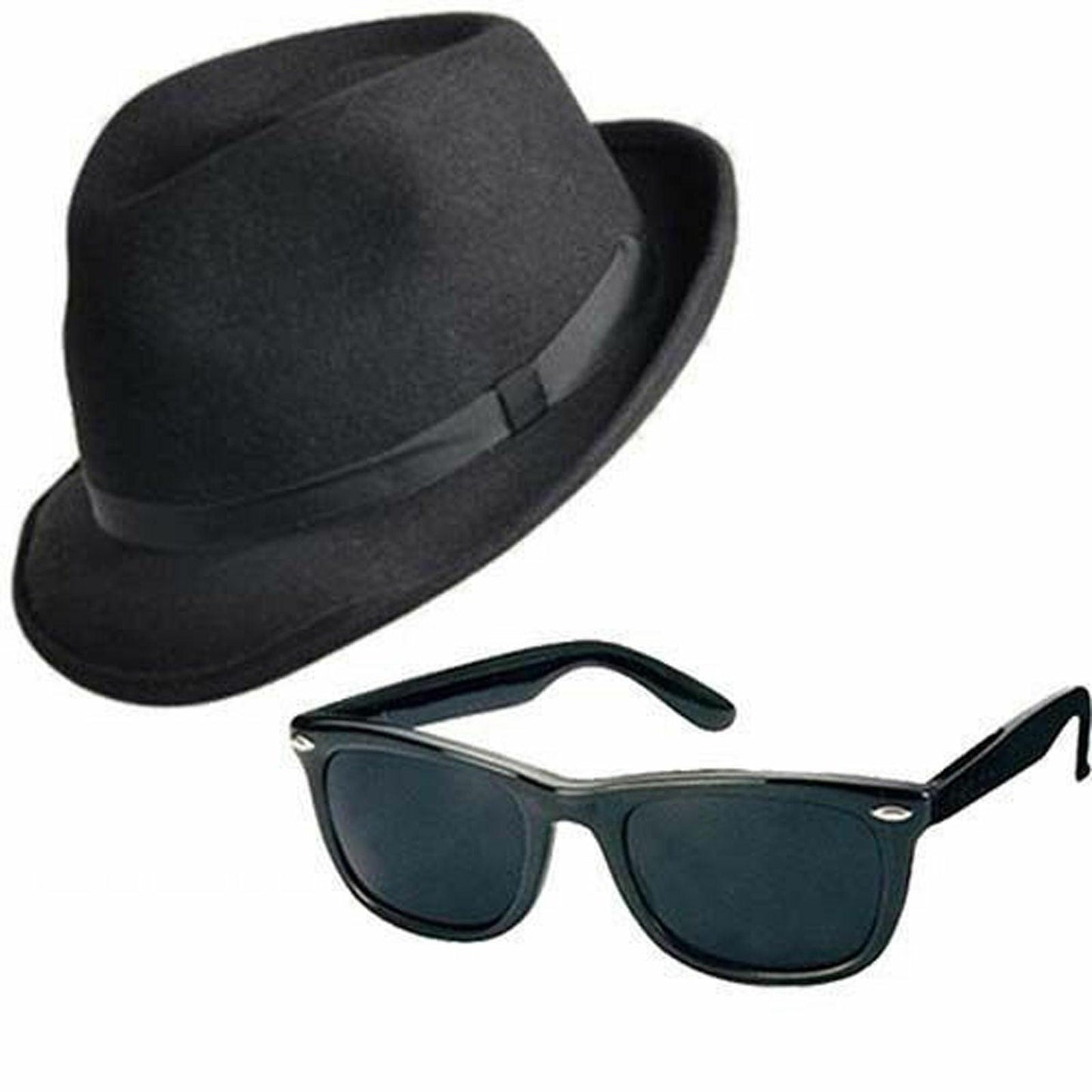 Hat Glasses Plain Tie Sideburns Blue Brothers Fancy Outfit Set - Labreeze