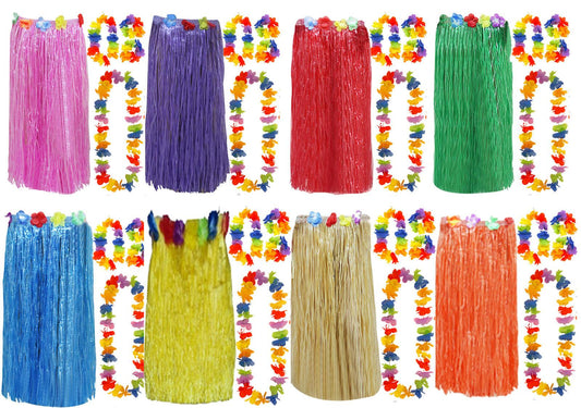 HAWAIIAN HULA SKIRT 80cm AND 4 PC LEI SET LADIES LUAU FANCY DRESS COSTUME - Labreeze