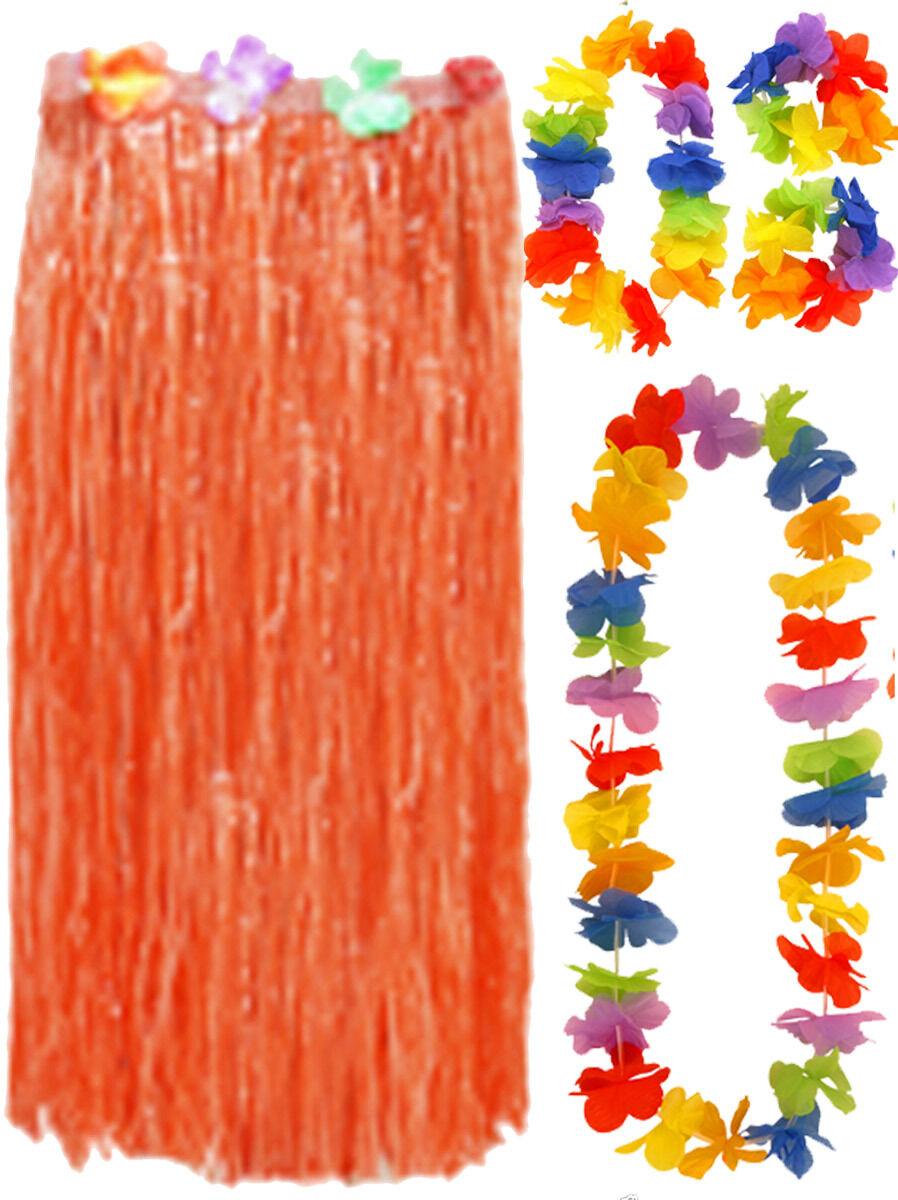 HAWAIIAN HULA SKIRT 80cm AND 4 PC LEI SET LADIES LUAU FANCY DRESS COSTUME - Labreeze
