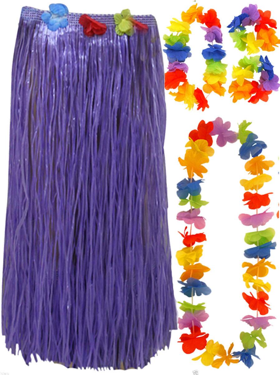 HAWAIIAN HULA SKIRT 80cm AND 4 PC LEI SET LADIES LUAU FANCY DRESS COSTUME - Labreeze