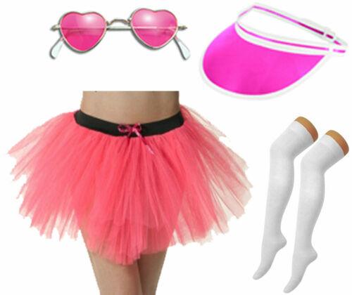 Hippie Heart Shaped Glasses Tutu Skirt White Socks Visor Hat 1960’s Fancy Dress - Labreeze