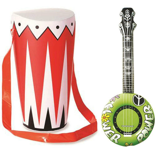 Inflatable Banjo Hippie & Drum with Neck Strap Bongo Jungle Party Prop Set - Labreeze