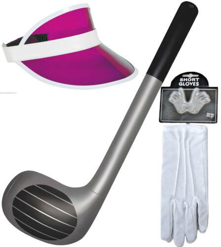 INFLATABLE GOLF CLUB 1980s NEON SUN VISOR HAT SHORT GLOVES FANCY DRESS - Labreeze