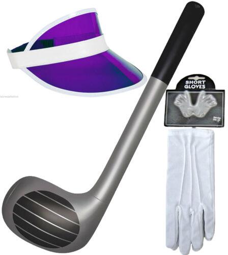 INFLATABLE GOLF CLUB 1980s NEON SUN VISOR HAT SHORT GLOVES FANCY DRESS - Labreeze