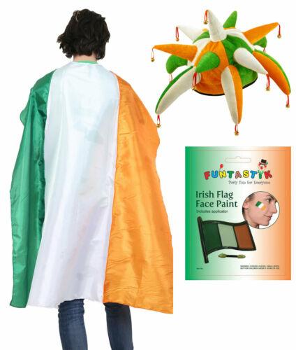 Irish Flag Cape, Jester Hat with Bells & Makeup St Patrick’s Day Fancy Dress - Labreeze