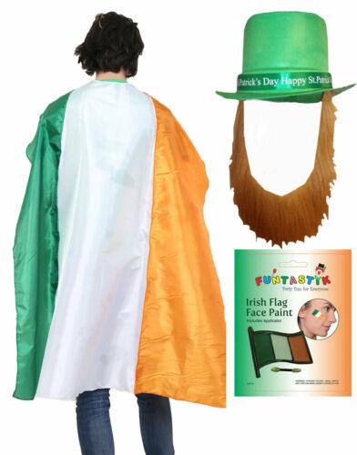 Irish Flag Cape, Topper Hat with Beard Makeup St Patrick’s Day Fancy Dress - Labreeze
