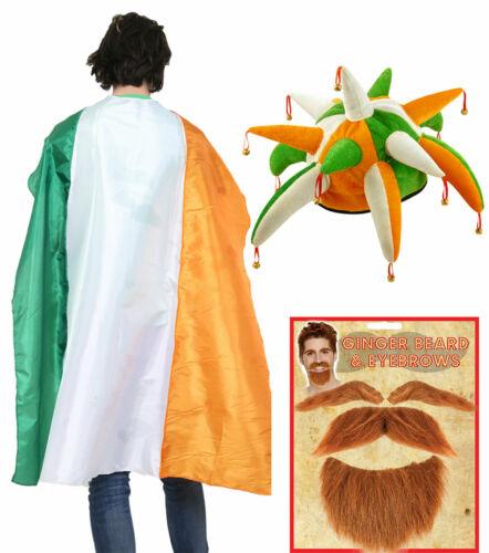 Irish Flag Satin Cape, Jester Hat & Ginger Beard St Patrick’s Day Fancy Dress - Labreeze