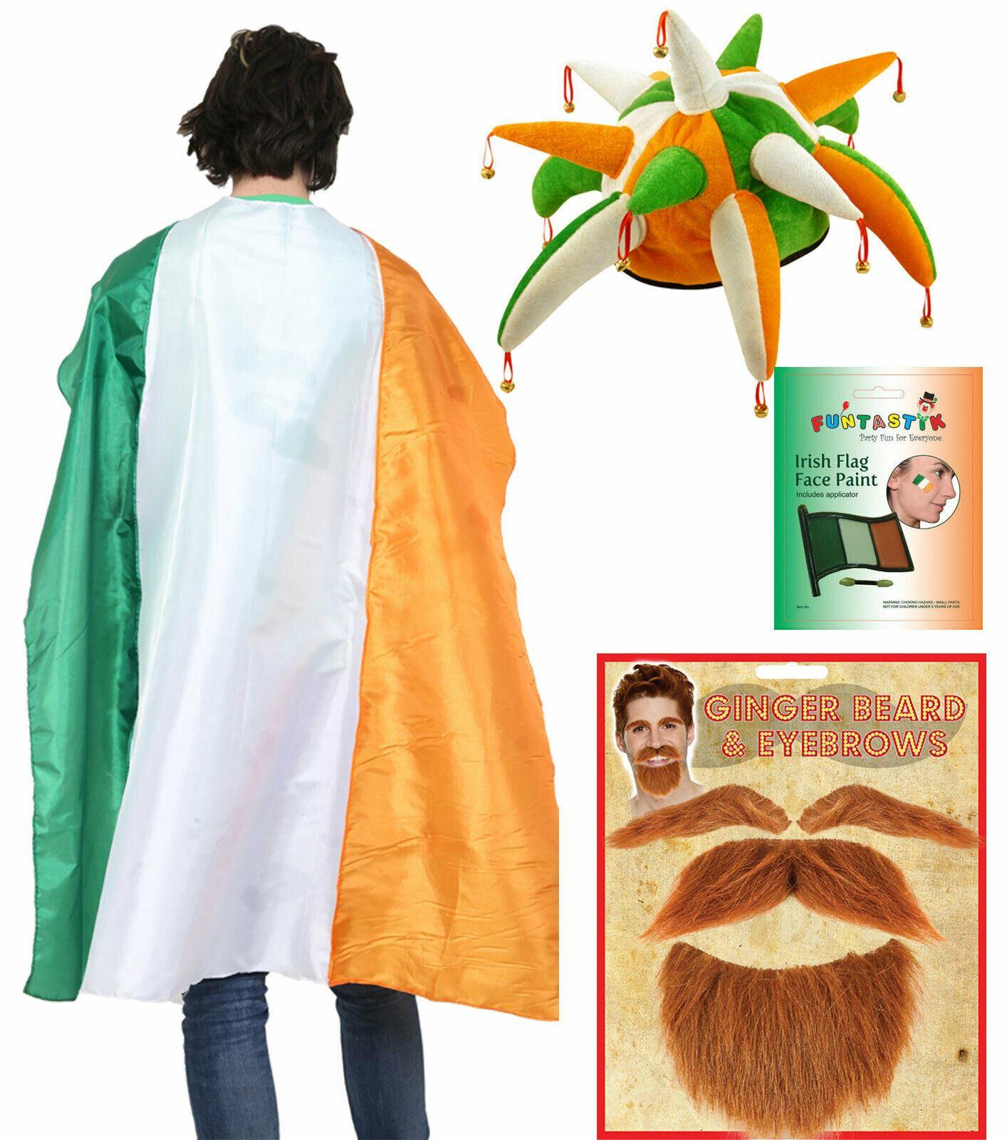 Irish Flag Satin Cape, Jester Hat, Ginger Beard MakeUp St Patrick’s Fancy Dress - Labreeze