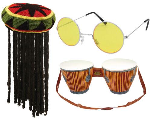 Jamaican Rasta Hat Inflatable Bongo Drums Hippie Glasses 3Pc Caribbean Party Set - Labreeze