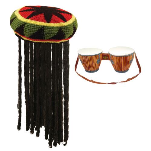 Jamaican Rasta Hat with Dreadlocks & Inflatable Bongo Drums Caribbean Party Set - Labreeze