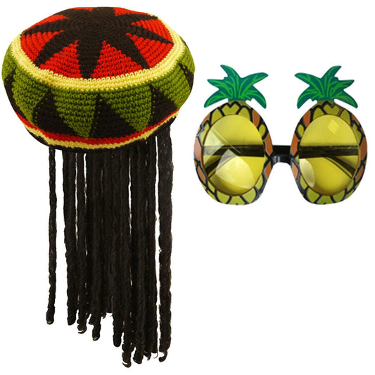 Jamaican Rasta Hat with Dreadlocks Wig & Pineapple Glasses Caribbean Costume Set - Labreeze