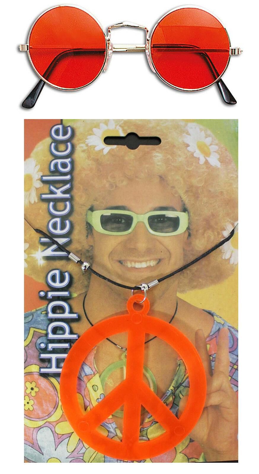 John Lennon Style Sunglasses with Peace Sign Necklace Orange Hippie Fancy Dress - Labreeze