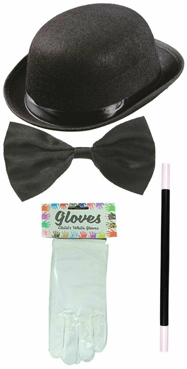 Kids Black Bowler Hat Bow Tie Gloves Magic Wand Magician Boys Fancy Dress - Labreeze