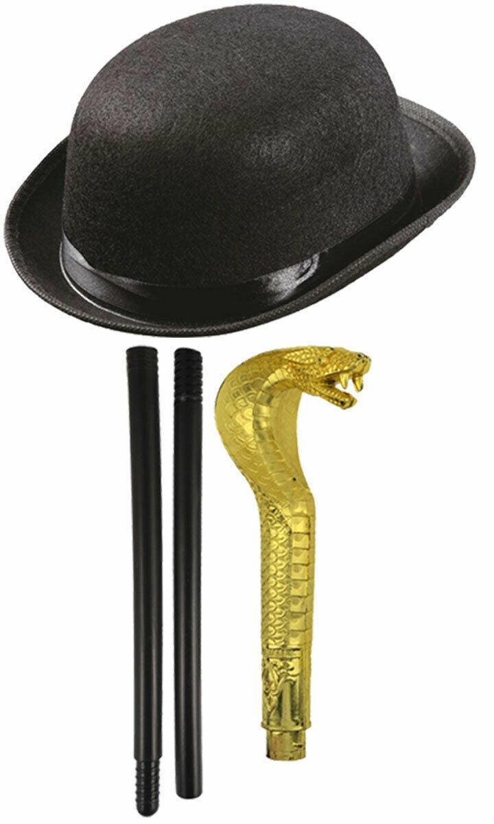 Kids Black Bowler Hat Gold Sceptre Snake Cane Stick Victorian Boy Fancy Dress - Labreeze