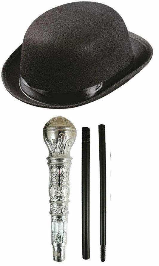 Kids Black Bowler Hat Silver Pimp Stick Victorian Boy Fancy Dress Party Set - Labreeze