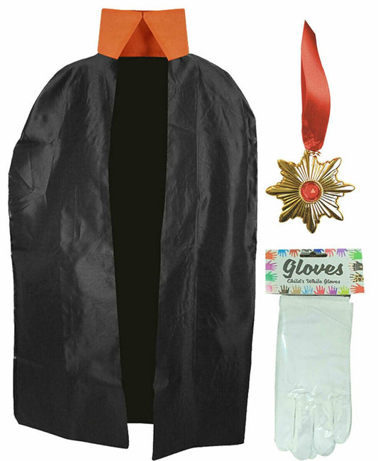 Kids Black Cape Gloves Dracula Medallion World Book Day Fancy Dress Party Set - Labreeze