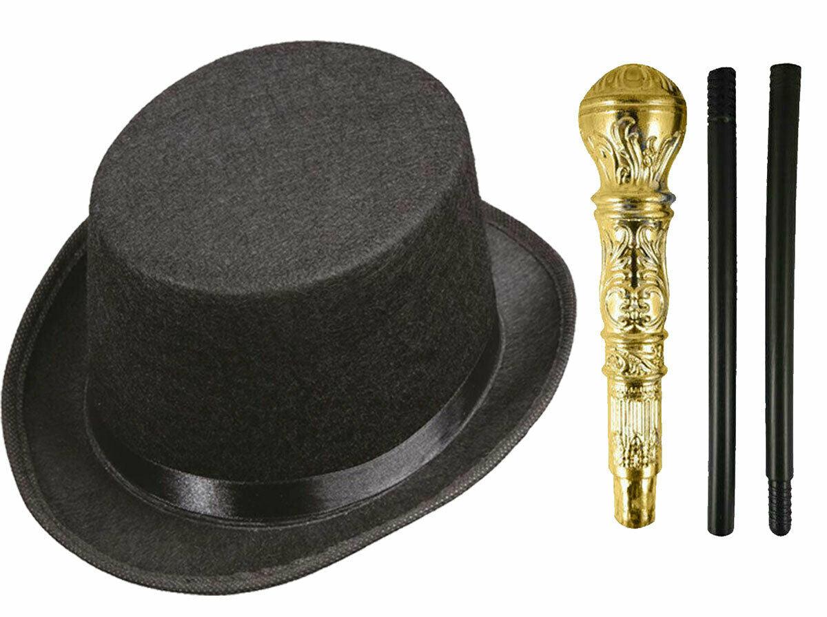 Kids Black Lincoln Top Hat Gold Pimp Stick Victorian Boy Fancy Dress Set - Labreeze