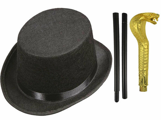 Kids Black Lincoln Top Hat Gold Snake Cane Stick Victorian Boy Fancy Dress - Labreeze