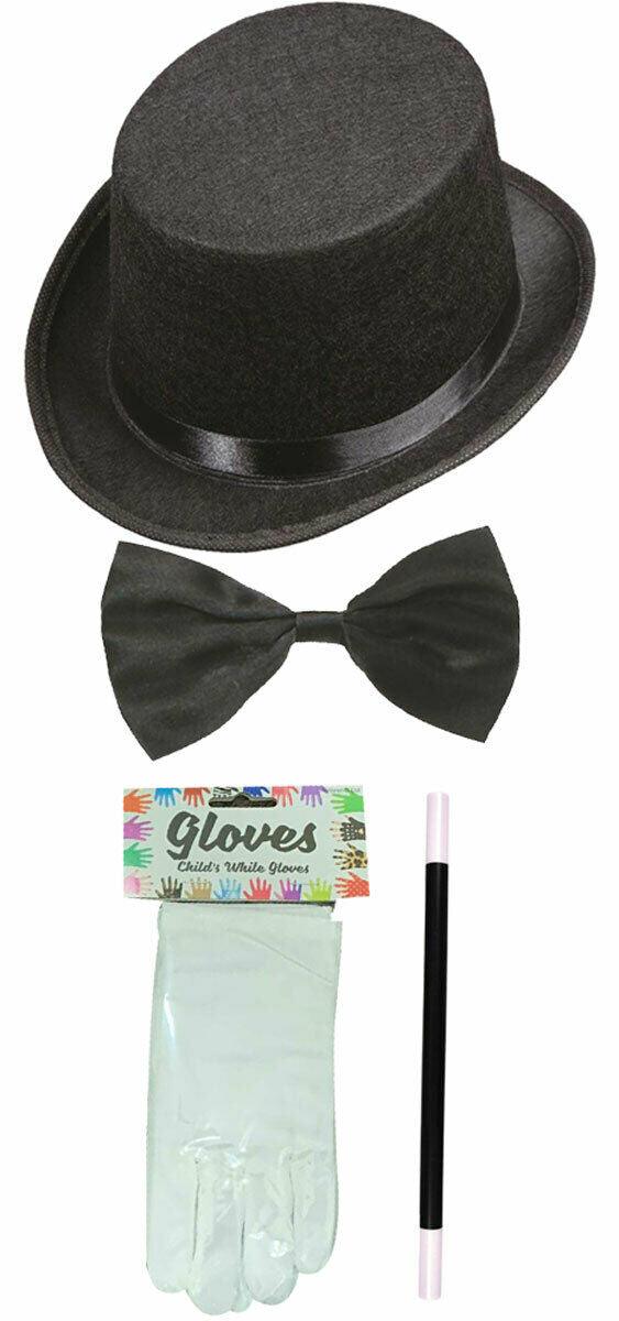 Kids Black Top Hat Bow Tie Gloves Magic Wand Magician Fancy Dress Party Set - Labreeze